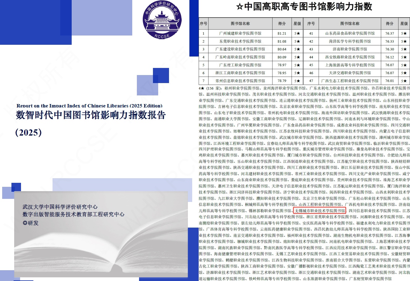 我校图书馆获评全国高职高专图书馆影响力榜单四星级图书馆